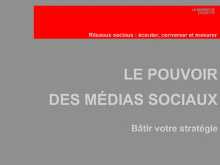 1
Le 30 janvier 2015
1
LE POUVOIR
DES MÉDIAS SOCIAUX
Bâtir votre stratégie
Réseaux sociaux : écouter, converser et mesurer
 