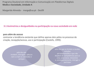 2. Novos media e novas modalidades de participação na sociedade em redePrincipais alterações potenciadas pelos novos media (Burton, 2005):Novas modalidades de representação do mundo