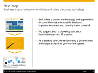 © 2013 SAP AG or an SAP affiliate company. All rights reserved. 18Public
Next step
Business scenario recommendation and value discovery workshop
 SAP offers a proven methodology and approach to
discover the customer-specific business
improvement areas and quantify value potential.
 We suggest such a workshop with your
line-of-business and IT experts.
 As a starting point, we recommend a performance
and usage analysis of your current system.
 