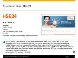 © 2013 SAP AG or an SAP affiliate company. All rights reserved. 19Public
Customer case: HSE24
HSE24, as live sales channels, is very dependent on time. What we’ve seen is that we can get a
complete picture of the customer in seconds – including data coming from new sources like social
media. We can now have more detailed analysis of our sales in real-time, and deliver personalized
offerings to the customer while he is calling for new cross and up-sell opportunities. We want to continue
to grow our sales in new countries. Having one real-time platform will be a key success driver for us to
conquer the markets in the future
Norbert Paulus, EVP Broadcast & IT, HSE24
AT A GLANCE
Objective
Proof of concept
Solution
SAP CRM powered by SAP HANA
Benefits
Personalize customer engagement with real-time information
 