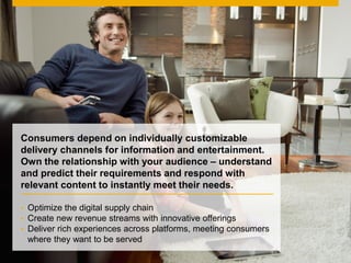 © 2013 SAP AG or an SAP affiliate company. All rights reserved. 2Public
Consumers depend on individually customizable
delivery channels for information and entertainment.
Own the relationship with your audience ‒ understand
and predict their requirements and respond with
relevant content to instantly meet their needs.
 Optimize the digital supply chain
 Create new revenue streams with innovative offerings
 Deliver rich experiences across platforms, meeting consumers
where they want to be served
 