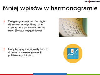 Mniej wpisów w harmonogramie
Zasięg organiczny postów ciągle
się zmniejsza, więc ﬁrmy coraz
częściej będą publikowały mniej
treści (2-4 posty tygodniowo)
Firmy będą wykorzystywały budżet
do jeszcze większej promocji
publikowanych treści.
 