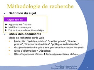 Méthodologie de recherche Définition du sujet Choix des documents Mode de recherche sur le web Mots clés : "médias publics", "médias privés", "liberté presse", "financement médias", "politique audiovisuelle"… Groupes de médias français et étrangers  selon leur statut et leur poids Sites d’information + Dépêches  Sites d’organismes officiels    textes réglementaires, chiffres… Angles retenus  ►  Approche par l’Histoire ►   Modèles économiques ►  Enjeux: indépendance & numérique 