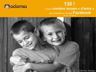 130 !
C'est le nombre     moyen « d'amis »
   que possède un compte        Facebook
                (Source : Econsultancy)




                                          Crédit Photo : StuSeeger
 