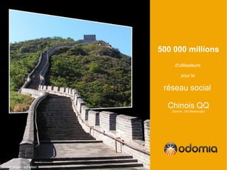 500 000 millions
                               d'utilisateurs

                                   pour le

                           réseau social

                            Chinois QQ
                             (Source : QQ Messenger)




Crédit photo : edhelien
 