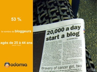 53 %,

le nombre de bloggeurs




agés de 25 à 44 ans
       (source : Focus)




                          Crédit Photo :
                           Annie Mole
 