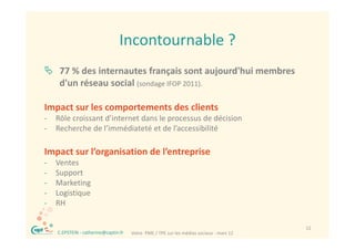 Incontournable ?
                                     Incontournable ?
 77 % d i t
     % des internautes français sont aujourd'hui membres 
                    t f          i     t j d'h i    b
  d'un réseau social (sondage IFOP 2011).

Impact sur les comportements des clients
‐       Rôle croissant d’internet dans le processus de décision
‐       Recherche de l’immédiateté et de l’accessibilité

Impact sur l organisation de l entreprise
Impact sur l’organisation de l’entreprise
‐       Ventes 
‐       Support 
‐       Marketing 
        Marketing
‐       Logistique 
‐       RH

    ®                                                                                         12
        C.EPSTEIN ‐ catherine@captin.fr   Votre  PME / TPE sur les médias sociaux ‐ mars 12
 