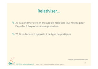 Relativiser…
                                         Relativiser

 25 % à affirmer être en mesure de mobiliser leur réseau pour 
  l appeler à boycotter une organisation
  l'appeler à boycotter une organisation

 75 % se déclarent opposés à ce type de pratiques
  75 % se déclarent opposés à ce type de pratiques




                                                                                           Source : journaldunet.com
 ®                                                                                                             37
     C.EPSTEIN ‐ catherine@captin.fr   Votre  PME / TPE sur les médias sociaux ‐ mars 12
 