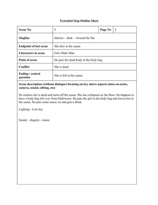 Extended Step-Outline Sheet
Scene No 5 Page No 5
Slugline Interior – dusk – Around the flat
Endpoint of last scene She dies in the sauna
Characters in scene Girl, Older Man
Point of scene He puts the dead body in the body bag.
Conflict She is dead
Ending / central
question
She is left in the sauna.
Scene description (without dialogue) focusing on key micro aspects (mise-en-scène,
camera, sound, editing, etc)
He realises she is dead and turns off the sauna. She has collapsed on the floor. He happens to
have a body bag left over from Halloween. He puts the girl in the body bag and leaves her in
the sauna. He puts some music on and gets a drink.
Lighting - Low key
Sound – diegetic - music
 