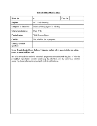 Extended Step-Outline Sheet
Scene No 6 Page No
Slugline INT. Early Evening
Endpoint of last scene Man is drinking a glass of whiskey
Characters in scene Man, Wife
Point of scene Wife Returns Home
Conflict She tells him she is pregnant.
Ending / central
question
Scene description (without dialogue) focusing on key micro aspects (mise-en-scène,
camera, sound, editing, etc)
His wife arrives home and tells him she is pregnant as she can't drink the glass of wine he
poured her. He is happy. She tells him to stop the affair then says she wants to go into the
sauna. He distracts her as the schoolgirls body is still in there.
 