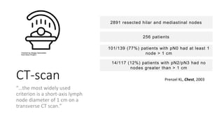 CT-scan
“…the most widely used
criterion is a short-axis lymph
node diameter of 1 cm on a
transverse CT scan.”
Prenzel KL, Chest, 2003
2891 resected hilar and mediastinal nodes
101/139 (77%) patients with pN0 had at least 1
node > 1 cm
256 patients
14/117 (12%) patients with pN2/pN3 had no
nodes greater than > 1 cm
 