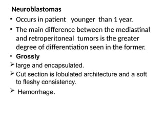 Neuroblastomas
• Occurs in patient younger than 1 year.
• The main difference between the mediastinal
and retroperitoneal tumors is the greater
degree of differentiation seen in the former.
• Grossly
 large and encapsulated.
 Cut section is lobulated architecture and a soft
to fleshy consistency.
 Hemorrhage.
 