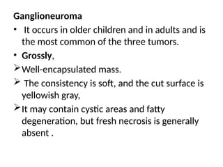 Ganglioneuroma
• It occurs in older children and in adults and is
the most common of the three tumors.
• Grossly,
Well-encapsulated mass.
 The consistency is soft, and the cut surface is
yellowish gray,
It may contain cystic areas and fatty
degeneration, but fresh necrosis is generally
absent .
 