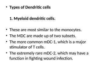 • Types of Dendritic cells
1. Myeloid dendritic cells.
• These are most similar to the monocytes.
• The MDC are made up of two subsets.
• The more common mDC-1, which is a major
stimulator of T cells.
• The extremely rare mDC-2, which may have a
function in fighting wound infection.
 