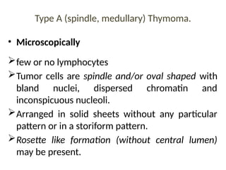 Type A (spindle, medullary) Thymoma.
• Microscopically
few or no lymphocytes
Tumor cells are spindle and/or oval shaped with
bland nuclei, dispersed chromatin and
inconspicuous nucleoli.
Arranged in solid sheets without any particular
pattern or in a storiform pattern.
Rosette like formation (without central lumen)
may be present.
 