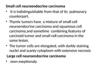 Small cell neuroendocrine carcinoma
• It is indistinguishable from that of its pulmonary
counterpart.
• Thymic tumors have a mixture of small cell
neuroendocrine carcinoma and squamous cell
carcinoma,and sometime combining features of
carcinoid tumor and small cell carcinoma in the
same lesion.
• The tumor cells are elongated, with darkly staining
nuclei and scanty cytoplasm with extensive necrosis
Large cell neuroendocrine carcinoma
• seen exeptionaly.
 