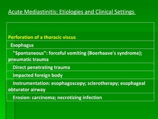 Acute Mediastinitis: Etiologies and Clinical Settings  Perforation of a thoracic viscus    Esophagus      "Spontaneous": forceful vomiting (Boerhaave's syndrome); pneumatic trauma      Direct penetrating trauma      Impacted foreign body      Instrumentation: esophagoscopy; sclerotherapy; esophageal obturator airway      Erosion: carcinoma; necrotizing infection 