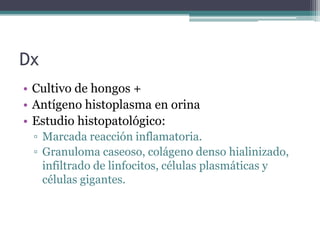 Dx
• Cultivo de hongos +
• Antígeno histoplasma en orina
• Estudio histopatológico:
 ▫ Marcada reacción inflamatoria.
 ▫ Granuloma caseoso, colágeno denso hialinizado,
   infiltrado de linfocitos, células plasmáticas y
   células gigantes.
 