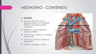 MEDIASTINO - CONTENIDO
 SUPERIOR
 Cayado Aorta(R: Tronco
Braquiocefálico. Art Carótida
Primitiva. izquierdo Arteria
Subclavia,
 VENAS: V. cava superior R:
braquiocefálica.
 Nervio Vago, Frénico y Laríngeo
recurrentes
 Conducto torácico, linfáticos
traqueales
 Tráquea, esófago y TIMO
 