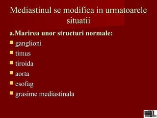 Mediastinul se modifica in urmatoareleMediastinul se modifica in urmatoarele
situatiisituatii
a.Marirea unor structuri normale:a.Marirea unor structuri normale:
 ganglioniganglioni
 timustimus
 tiroidatiroida
 aortaaorta
 esofagesofag
 grasime mediastinalagrasime mediastinala
 