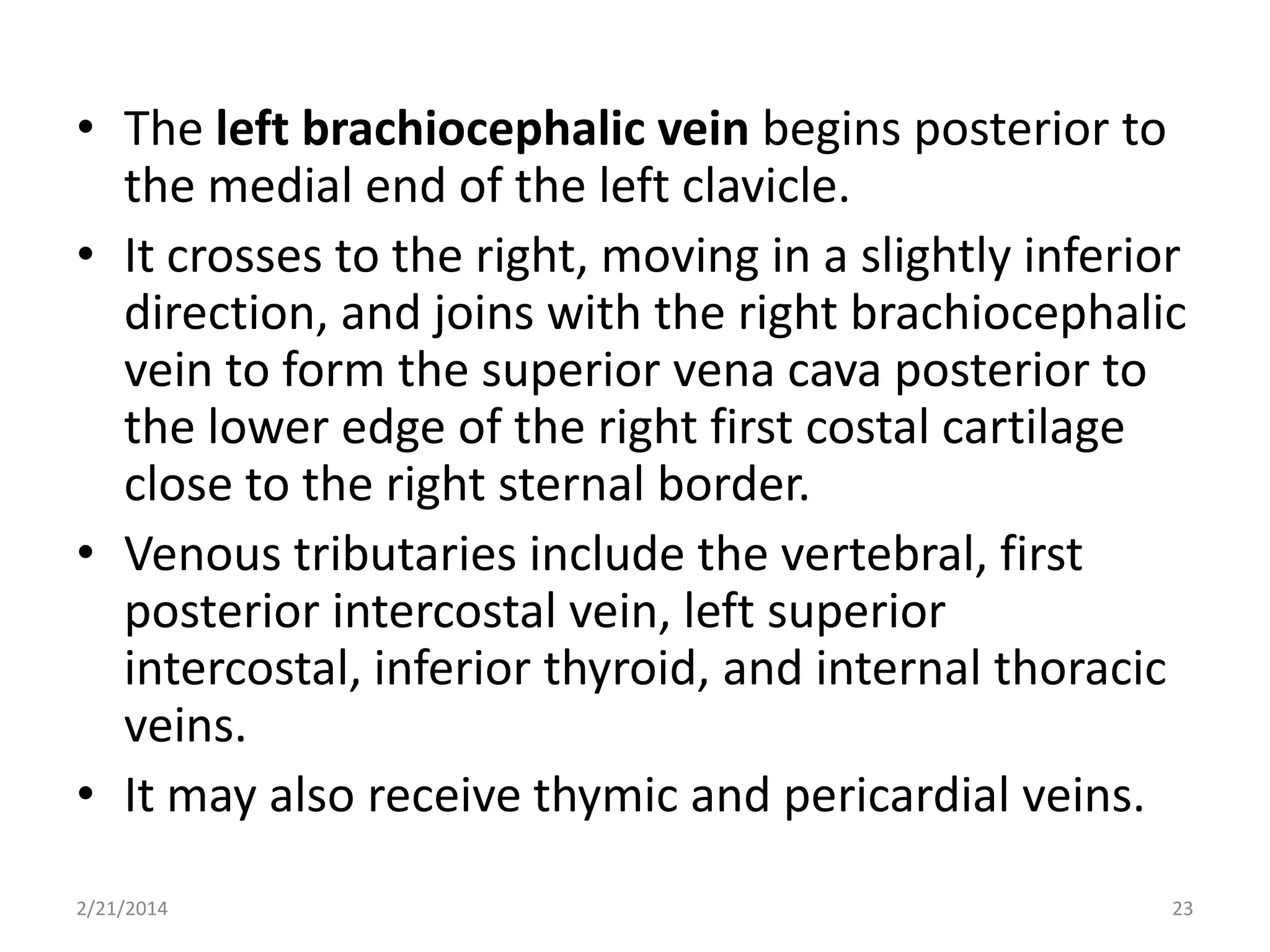 • The left brachiocephalic vein begins posterior to
the medial end of the left clavicle.
• It crosses to the right, moving in a slightly inferior
direction, and joins with the right brachiocephalic
vein to form the superior vena cava posterior to
the lower edge of the right first costal cartilage
close to the right sternal border.
• Venous tributaries include the vertebral, first
posterior intercostal vein, left superior
intercostal, inferior thyroid, and internal thoracic
veins.
• It may also receive thymic and pericardial veins.
2/21/2014

23

 