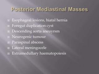  Esophageal lesions, hiatal hernia
 Foregut duplication cyst
 Descending aorta aneuyrsm
 Neurogenic tumour
 Paraspinal abscess
 Lateral meningocele
 Extramedullary haematopoiesis
 