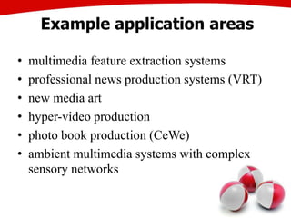 Example application areas
• multimedia feature extraction systems
• professional news production systems (VRT)
• new media art
• hyper-video production
• photo book production (CeWe)
• ambient multimedia systems with complex
sensory networks
 