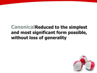 CanonicalReduced to the simplest
and most significant form possible,
without loss of generality
 