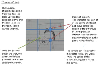 Points of interest.
The character will start of
at the points of interest
and move across the
screen to the other rule
of thirds points of
interest. The camera will
do a very slow pan as the
guard leaves the shot.
The camera can jump shot to
the guards feet as she walks
away. The sound of the
footsteps will get quieter as
she leaves.
1st scene- 4th shot
The sound of
chuckling can come
from the door in a
close up, the door
can open slowly and
the camera enters
the room, to see
Wayne laughing.
Once the guard is
out of the shot, the
camera will slowly
pan back to the door
and slowly zoom in.
 