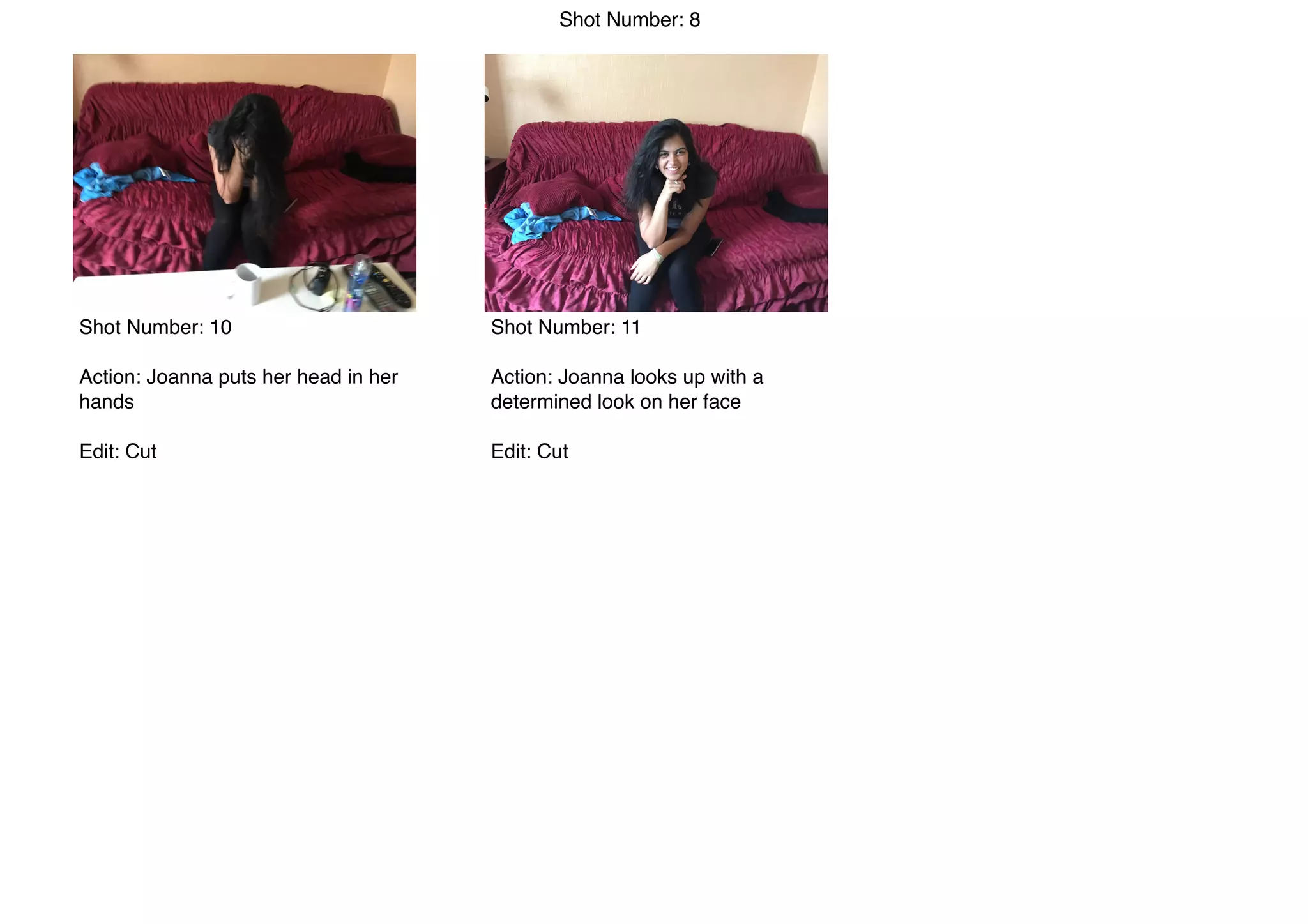 Shot Number: 8
Shot Number: 10
Action: Joanna puts her head in her
hands
Edit: Cut
Shot Number: 11
Action: Joanna looks up with a
determined look on her face
Edit: Cut
 