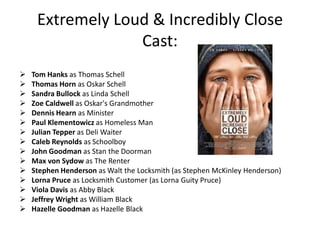 Extremely Loud & Incredibly Close
                  Cast:
   Tom Hanks as Thomas Schell
   Thomas Horn as Oskar Schell
   Sandra Bullock as Linda Schell
   Zoe Caldwell as Oskar's Grandmother
   Dennis Hearn as Minister
   Paul Klementowicz as Homeless Man
   Julian Tepper as Deli Waiter
   Caleb Reynolds as Schoolboy
   John Goodman as Stan the Doorman
   Max von Sydow as The Renter
   Stephen Henderson as Walt the Locksmith (as Stephen McKinley Henderson)
   Lorna Pruce as Locksmith Customer (as Lorna Guity Pruce)
   Viola Davis as Abby Black
   Jeffrey Wright as William Black
   Hazelle Goodman as Hazelle Black
 