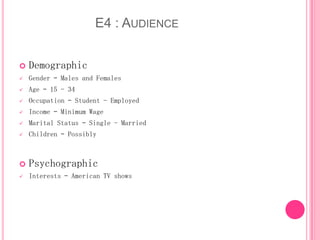 E4 : AUDIENCE


Demographic



Gender – Males and Females



Age – 15 - 34



Occupation – Student - Employed



Income – Minimum Wage



Marital Status – Single - Married



Children – Possibly



Psychographic



Interests – American TV shows

 