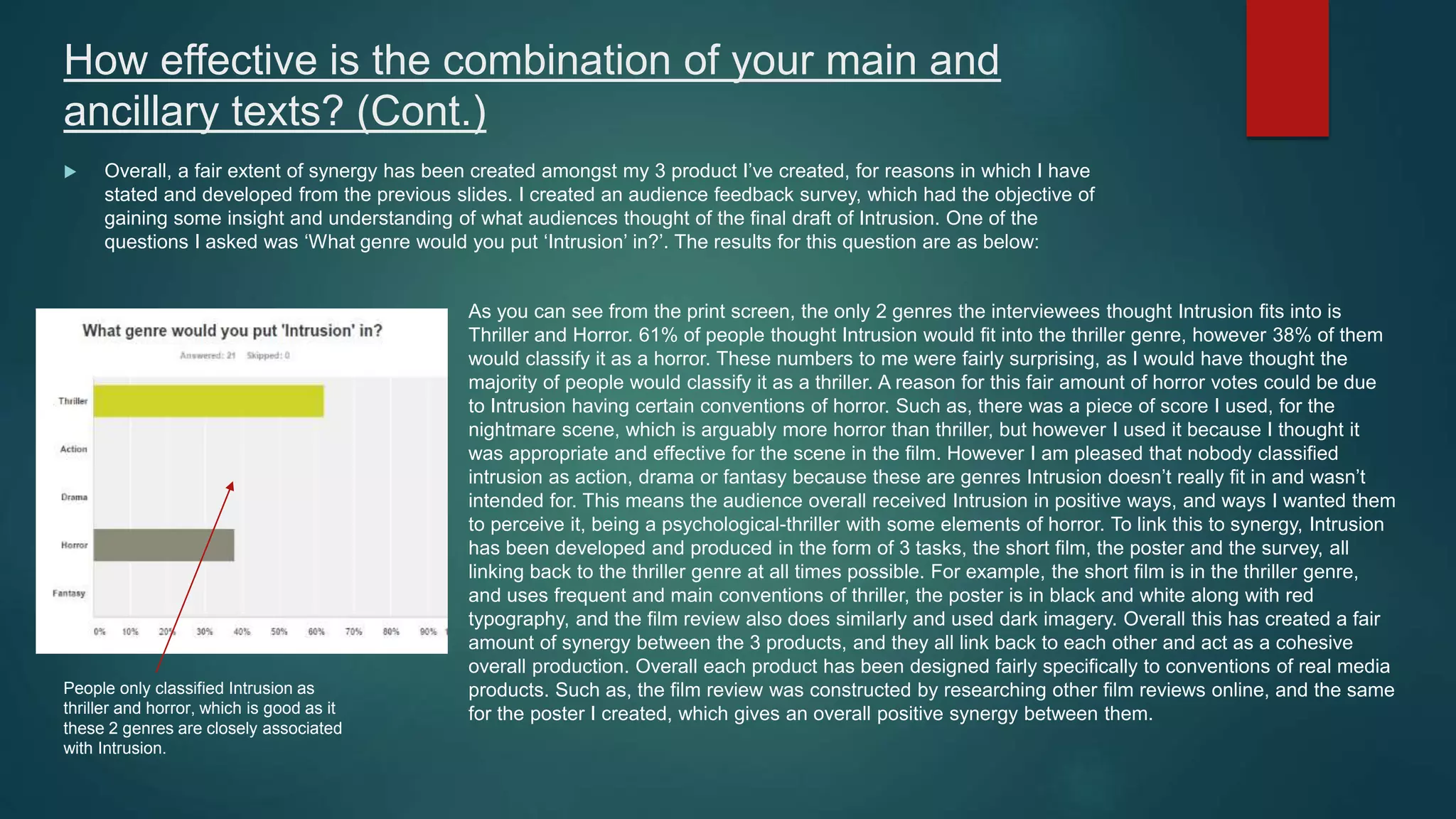 How effective is the combination of your main and
ancillary texts? (Cont.)
 Overall, a fair extent of synergy has been created amongst my 3 product I’ve created, for reasons in which I have
stated and developed from the previous slides. I created an audience feedback survey, which had the objective of
gaining some insight and understanding of what audiences thought of the final draft of Intrusion. One of the
questions I asked was ‘What genre would you put ‘Intrusion’ in?’. The results for this question are as below:
As you can see from the print screen, the only 2 genres the interviewees thought Intrusion fits into is
Thriller and Horror. 61% of people thought Intrusion would fit into the thriller genre, however 38% of them
would classify it as a horror. These numbers to me were fairly surprising, as I would have thought the
majority of people would classify it as a thriller. A reason for this fair amount of horror votes could be due
to Intrusion having certain conventions of horror. Such as, there was a piece of score I used, for the
nightmare scene, which is arguably more horror than thriller, but however I used it because I thought it
was appropriate and effective for the scene in the film. However I am pleased that nobody classified
intrusion as action, drama or fantasy because these are genres Intrusion doesn’t really fit in and wasn’t
intended for. This means the audience overall received Intrusion in positive ways, and ways I wanted them
to perceive it, being a psychological-thriller with some elements of horror. To link this to synergy, Intrusion
has been developed and produced in the form of 3 tasks, the short film, the poster and the survey, all
linking back to the thriller genre at all times possible. For example, the short film is in the thriller genre,
and uses frequent and main conventions of thriller, the poster is in black and white along with red
typography, and the film review also does similarly and used dark imagery. Overall this has created a fair
amount of synergy between the 3 products, and they all link back to each other and act as a cohesive
overall production. Overall each product has been designed fairly specifically to conventions of real media
products. Such as, the film review was constructed by researching other film reviews online, and the same
for the poster I created, which gives an overall positive synergy between them.
People only classified Intrusion as
thriller and horror, which is good as it
these 2 genres are closely associated
with Intrusion.
 