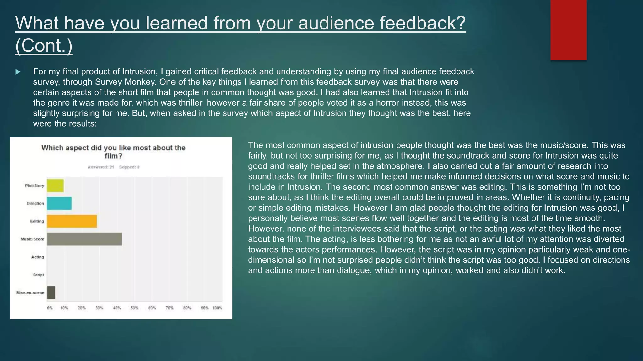 What have you learned from your audience feedback?
(Cont.)
 For my final product of Intrusion, I gained critical feedback and understanding by using my final audience feedback
survey, through Survey Monkey. One of the key things I learned from this feedback survey was that there were
certain aspects of the short film that people in common thought was good. I had also learned that Intrusion fit into
the genre it was made for, which was thriller, however a fair share of people voted it as a horror instead, this was
slightly surprising for me. But, when asked in the survey which aspect of Intrusion they thought was the best, here
were the results:
The most common aspect of intrusion people thought was the best was the music/score. This was
fairly, but not too surprising for me, as I thought the soundtrack and score for Intrusion was quite
good and really helped set in the atmosphere. I also carried out a fair amount of research into
soundtracks for thriller films which helped me make informed decisions on what score and music to
include in Intrusion. The second most common answer was editing. This is something I’m not too
sure about, as I think the editing overall could be improved in areas. Whether it is continuity, pacing
or simple editing mistakes. However I am glad people thought the editing for Intrusion was good, I
personally believe most scenes flow well together and the editing is most of the time smooth.
However, none of the interviewees said that the script, or the acting was what they liked the most
about the film. The acting, is less bothering for me as not an awful lot of my attention was diverted
towards the actors performances. However, the script was in my opinion particularly weak and one-
dimensional so I’m not surprised people didn’t think the script was too good. I focused on directions
and actions more than dialogue, which in my opinion, worked and also didn’t work.
 