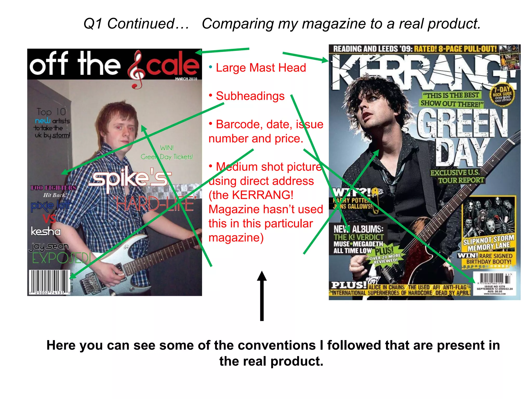 Q1 Continued…  Comparing my magazine to a real product. Here you can see some of the conventions I followed that are present in the real product.  Large Mast Head Subheadings Barcode, date, issue number and price. Medium shot picture using direct address (the KERRANG! Magazine hasn’t used this in this particular magazine) 