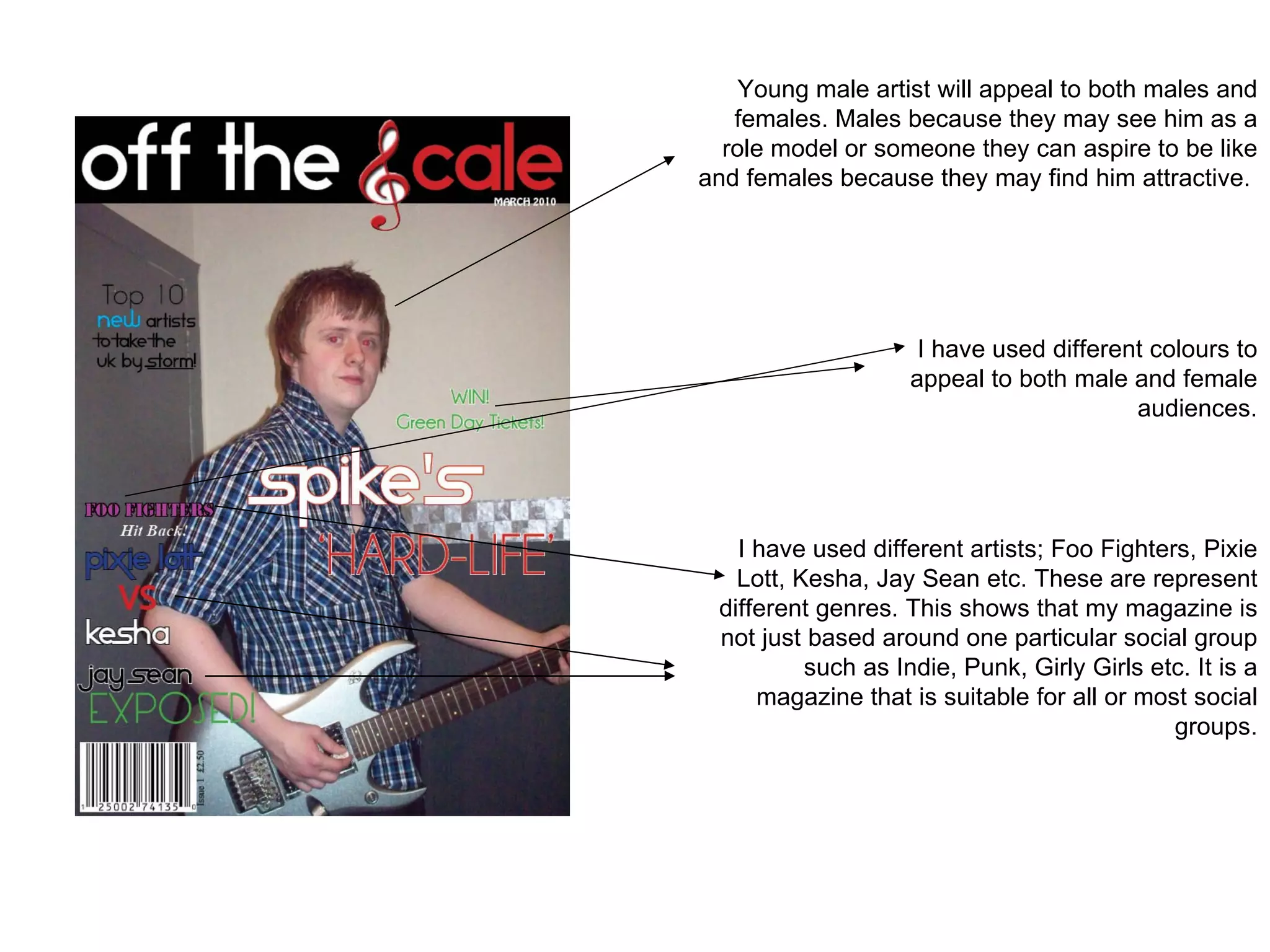 Young male artist will appeal to both males and females. Males because they may see him as a role model or someone they can aspire to be like and females because they may find him attractive.  I have used different colours to appeal to both male and female audiences. I have used different artists; Foo Fighters, Pixie Lott, Kesha, Jay Sean etc. These are represent different genres. This shows that my magazine is not just based around one particular social group such as Indie, Punk, Girly Girls etc. It is a magazine that is suitable for all or most social groups. 