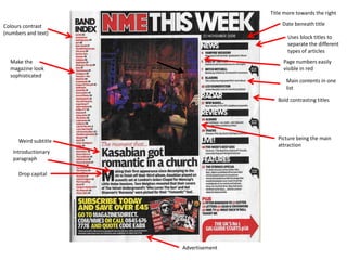 Title more towards the right

Colours contrast                            Date beneath title
(numbers and text)
                                              Uses block titles to
                                              separate the different
                                              types of articles
  Make the                                  Page numbers easily
  magazine look                             visible in red
  sophisticated
                                             Main contents in one
                                             list

                                          Bold contrasting titles




      Weird subtitle                      Picture being the main
                                          attraction
   Introductionary
   paragraph

      Drop capital




                       Advertisement
 