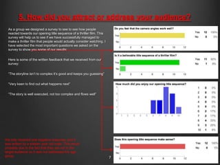 5. How did you attract or address your audience?
  As a group we designed a survey to see to see how people
  reacted towards our opening title sequence of a thriller film. This
  survey will help us to see if we have successfully managed to
  make a thriller film that people would actually consider watching. I
  have selected the most important questions we asked on the
  survey to show you some of our results:


  Here is some of the written feedback that we received from our
  survey:


  “The storyline isn‟t to complex it‟s good and keeps you guessing”


  “Very keen to find out what happens next”


  “The story is well executed, not too complex and flows well”




We only received one negative response, and it
was written by a sixteen year old male. This would
probably due to the fact that they are not in the
target audience so it was not addressed his age
group.                                                                   7
 