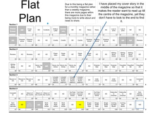 I have placed my cover story in the
middle of the magazine so that it
makes the reader want to read up till
the centre of the magazine, yet they
don’t have to look to the end to find
it.
Due to this being a flat plan
for a monthly magazine rather
than a weekly magazine,
there are more pages within
this magazine due to their
being more to write about and
news to share.
Flat
Plan
 