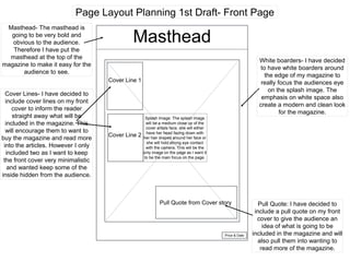 Page Layout Planning 1st Draft- Front Page
Masthead
Pull Quote from Cover story
Cover Line 1
White boarders- I have decided
to have white boarders around
the edge of my magazine to
really focus the audiences eye
on the splash image. The
emphasis on white space also
create a modern and clean look
for the magazine.
Masthead- The masthead is
going to be very bold and
obvious to the audience.
Therefore I have put the
masthead at the top of the
magazine to make it easy for the
audience to see.
Pull Quote: I have decided to
include a pull quote on my front
cover to give the audience an
idea of what is going to be
included in the magazine and will
also pull them into wanting to
read more of the magazine.
Cover Line 2
Cover Lines- I have decided to
include cover lines on my front
cover to inform the reader
straight away what will be
included in the magazine. This
will encourage them to want to
buy the magazine and read more
into the articles. However I only
included two as I want to keep
the front cover very minimalistic
and wanted keep some of the
inside hidden from the audience.
Price & Date
Splash Image: The splash image
will be a medium close up of the
cover artists face, she will either
have her head facing down with
her hair draped around her face or
she will hold strong eye contact
with the camera. This will be the
only image on the page as I want it
to be the main focus on the page.
 