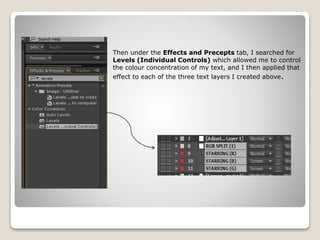 Then under the Effects and Precepts tab, I searched for
Levels (Individual Controls) which allowed me to control
the colour concentration of my text, and I then applied that
effect to each of the three text layers I created above.
 