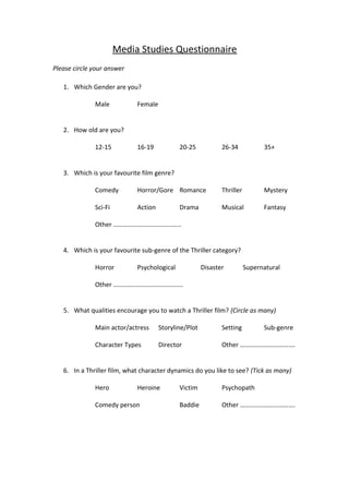 Media Studies Questionnaire
Please circle your answer
1. Which Gender are you?
Male Female
2. How old are you?
12-15 16-19 20-25 26-34 35+
3. Which is your favourite film genre?
Comedy Horror/Gore Romance Thriller Mystery
Sci-Fi Action Drama Musical Fantasy
Other ……………………………………
4. Which is your favourite sub-genre of the Thriller category?
Horror Psychological Disaster Supernatural
Other …………………………………….
5. What qualities encourage you to watch a Thriller film? (Circle as many)
Main actor/actress Storyline/Plot Setting Sub-genre
Character Types Director Other …………………………….
6. In a Thriller film, what character dynamics do you like to see? (Tick as many)
Hero Heroine Victim Psychopath
Comedy person Baddie Other …………………………….