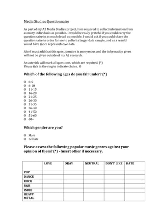 Media Studies Questionnaire
As part of my A2 Media Studies project, I am required to collect information from
as many individuals as possible. I would be really grateful if you could carry the
questionnaire in as much detail as possible. I would ask if you could share the
questionnaire in order for me to collect a larger data sample, and as a result I
would have more representative data.
Also I must add that this questionnaire is anonymous and the information given
will not be given outside of my A2 research.
An asterisk will mark all questions, which are required. (*)
Please tick in the ring to indicate choice. O
Which of the following ages do you fall under? (*)
O 0-5
O 6-10
O 11-15
O 16-20
O 21-25
O 26-30
O 31-35
O 36-40
O 41-50
O 51-60
O 60+
Which gender are you?
O Male
O Female
Please assess the following popular music genres against your
opinion of them? (*) –Insert other if necessary.
LOVE OKAY NEUTRAL DON’T LIKE HATE
POP
DANCE
ROCK
R&B
INDIE
HEAVY
METAL
 