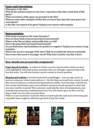 Genre and Conventions
What genre is this film?
What do the audienceexpect to see/ hear/ experiencewhen they watch filmsof this
genre?
What conventionsof this genre are presentsin the film?
What are some other examples of films that you know that share the same genre and
conventions?
Is this film very typicalof its genre? Explain your answer with examples.
Representation
What kindsof peopleare the main characters?
How are these kindsof person portrayed (represented)?
Where is the film set (place and possibly time as well)?
How is the place/time portrayed (represented)?
Do you think these representationsare positive or negative? Explain your answer using
examples.
What is the moral or message of the story? Why do you think the director wanted the
film to have that moral or message/ moral? Why does it end the way that it does?
How should you present this assignment?
Paper Based Portfolio – A collect of articles you havefound onlinewhich you have
read, highlighted importantpoints, anointed with your thought, organized aboutthe
four key areas. You will also includea quick summary of each question.
Blog Based Portfolio (Iwould recommend usingBlogger – you can sign up for an
account usingyour school email address.) – On the blog you would havea posts for each
film and area and you would includehyperlinksto articles, YouTubeclips, websites etc.
that contain information and a moredetailed summary of each question to show that
you have read the material! This summary could take the form of vidoepodcasts, text,
embedded powerpoints, embeddedpreziect. You will need to give me the urlof the
blog so that I can see what you havedone.
While it is not essential to watch the films it would makethis task more interesting and
enjoyable! Some might be difficultto get hold of (eg The Goob)
 