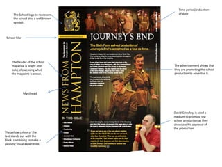 The School logo to represent
the school also a well known
symbol.
The yellow colour of the
text stands out with the
black, combining to make a
pleasing visual experience.
The advertisement shows that
they are promoting the school
production to advertise it.
David Grindley, is used a
medium to promote the
school production as they
showcase his approval of
the production
The header of the school
magazine is bright and
bold, showcasing what
the magazine is about.
Time period/indication
of date
School Site
Masthead
 