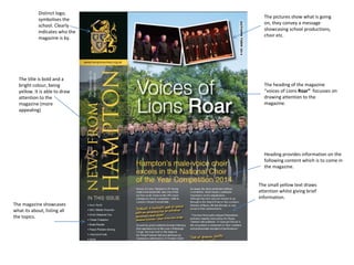 The title is bold and a
bright colour, being
yellow. It is able to draw
attention to the
magazine (more
appealing)
The pictures show what is going
on, they convey a message
showcasing school productions,
choir etc.
Distinct logo,
symbolises the
school. Clearly
indicates who the
magazine is by.
The heading of the magazine
“voices of Lions Roar” focusses on
drawing attention to the
magazine.
The magazine showcases
what its about, listing all
the topics.
Heading provides information on the
following content which is to come in
the magazine.
The small yellow text draws
attention whilst giving brief
information.
 