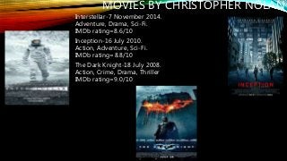 MOVIES BY CHRISTOPHER NOLAN
Interstellar-7 November 2014.
Adventure, Drama, Sci-Fi.
IMDb rating=8.6/10
Inception-16 July 2010.
Action, Adventure, Sci-Fi.
IMDb rating=8.8/10
The Dark Knight-18 July 2008.
Action, Crime, Drama, Thriller
IMDb rating=9.0/10
 