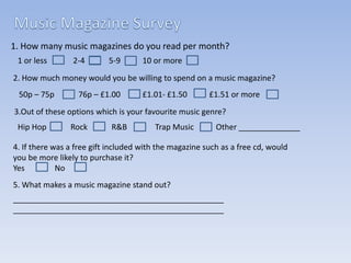 1. How many music magazines do you read per month?
1 or less

2-4

5-9

10 or more

2. How much money would you be willing to spend on a music magazine?
50p – 75p

76p – £1.00

£1.01- £1.50

£1.51 or more

3.Out of these options which is your favourite music genre?
Hip Hop

Rock

R&B

Trap Music

Other ______________

4. If there was a free gift included with the magazine such as a free cd, would
you be more likely to purchase it?
Yes
No
5. What makes a music magazine stand out?
________________________________________________
________________________________________________

 