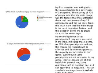 My first question was asking what
the main attraction to a cover page
of a magazine. The majority of 72%
of people said that the main image
was the feature that most attracted
them, and no-one out of my 25
participants said the tag lines. From
this I can learn that the main image
is the most important feature, and
this question allows me to create
an attractive cover page.
My second question asked
participants if they were interested
in the indie/indie pop music genre.
As 60% of my participants said yes,
this means the research will be
effective and fit to my magazine as
the majority are interested in the
genre. Even though some
participants are not interested in my
genre, their responses will still be
helpful for general magazine
questions such as question one, as I
can apply this to magazine. This can
also help my magazine not exclude
 