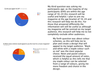 My third question was asking my
participants age; as the majority of my
participants (64%) are within the age
range of 16-24 this research will be
useful and helpful. I plan to aim my
magazine at the age bracket of 16-24 and
this research will help me do this. For
those that answered differently the
information will still be useful as although
my magazine will be centred on my target
audience, this research will help me to not
completely exclude other audiences.
My forth question was about colour
schemes, as this will help me to
plan and create a design that will
appeal to my target audience. “Black
and white with a staple colour such
as red” was the most popular
choice. Neon and pastel colours
received the equal amount of votes,
which is helpful as this tells me that
my staple colour can be selected
from a range of colours, giving me
more freedom and choice in the
design.
 